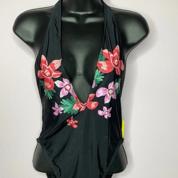 Black floral print high leg T-back Swimsuit Sz: M - Picture 2 of 5